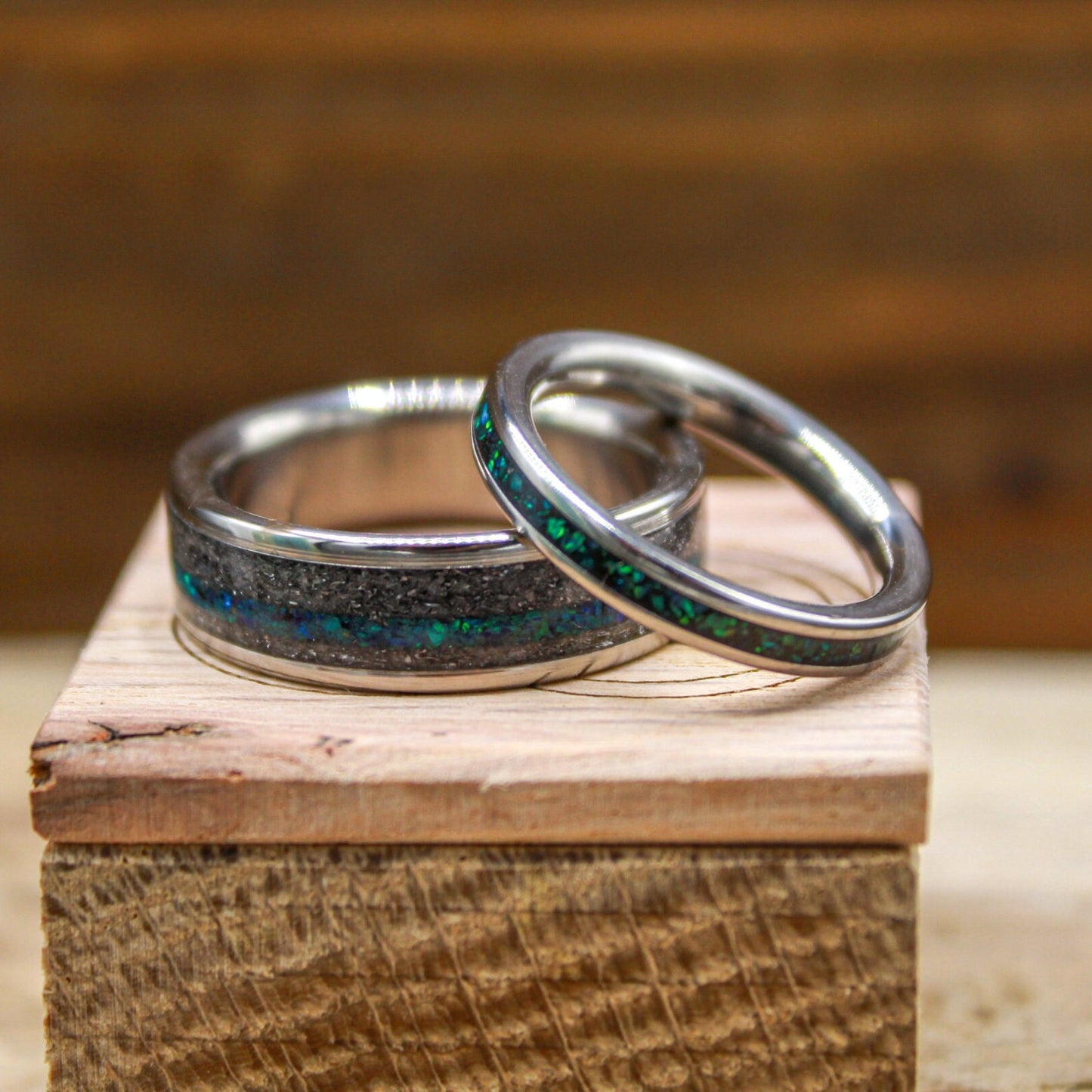 His and Hers Rings - Wedding Bands Set with Opal and Meteorite - Titanium Wedding Rings His and Hers