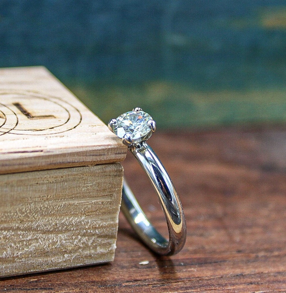 Ladies Dainty Engagement Ring - Women's Moissanite Wedding Band - Personalized Engraved Anniversary Ring - Classic Size Inclusive Solitaire