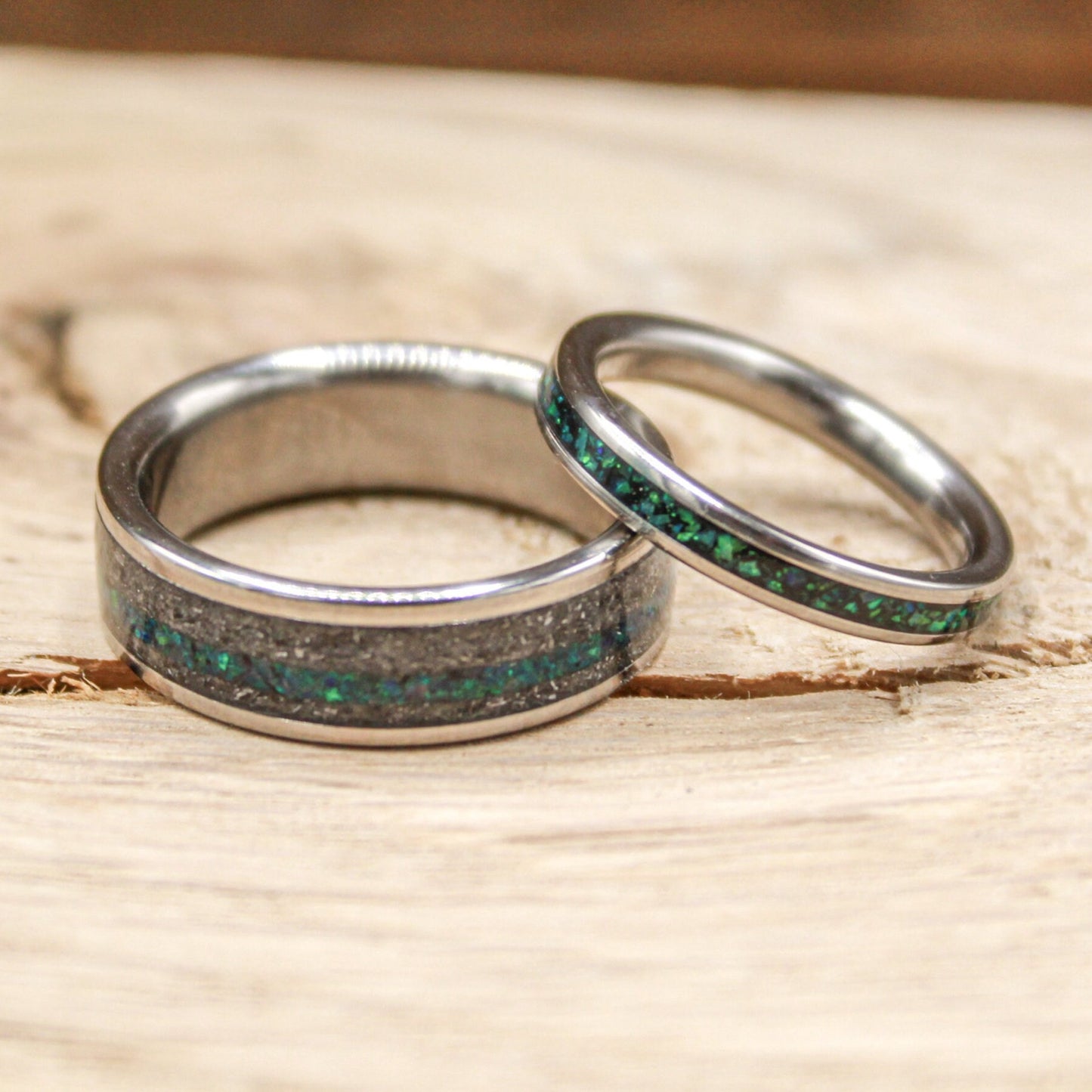His and Hers Rings - Wedding Bands Set with Opal and Meteorite - Titanium Wedding Rings His and Hers