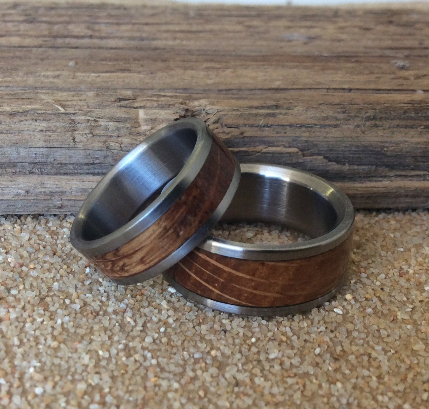 Charred Oak Whiskey Barrel Wedding Bands Set - Matching Couples Wedding Rings Set - Titanium and Wood Wedding Bands