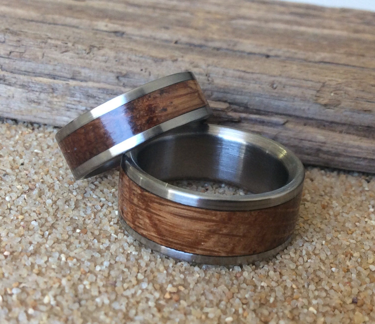 Charred Oak Whiskey Barrel Wedding Bands Set - Matching Couples Wedding Rings Set - Titanium and Wood Wedding Bands