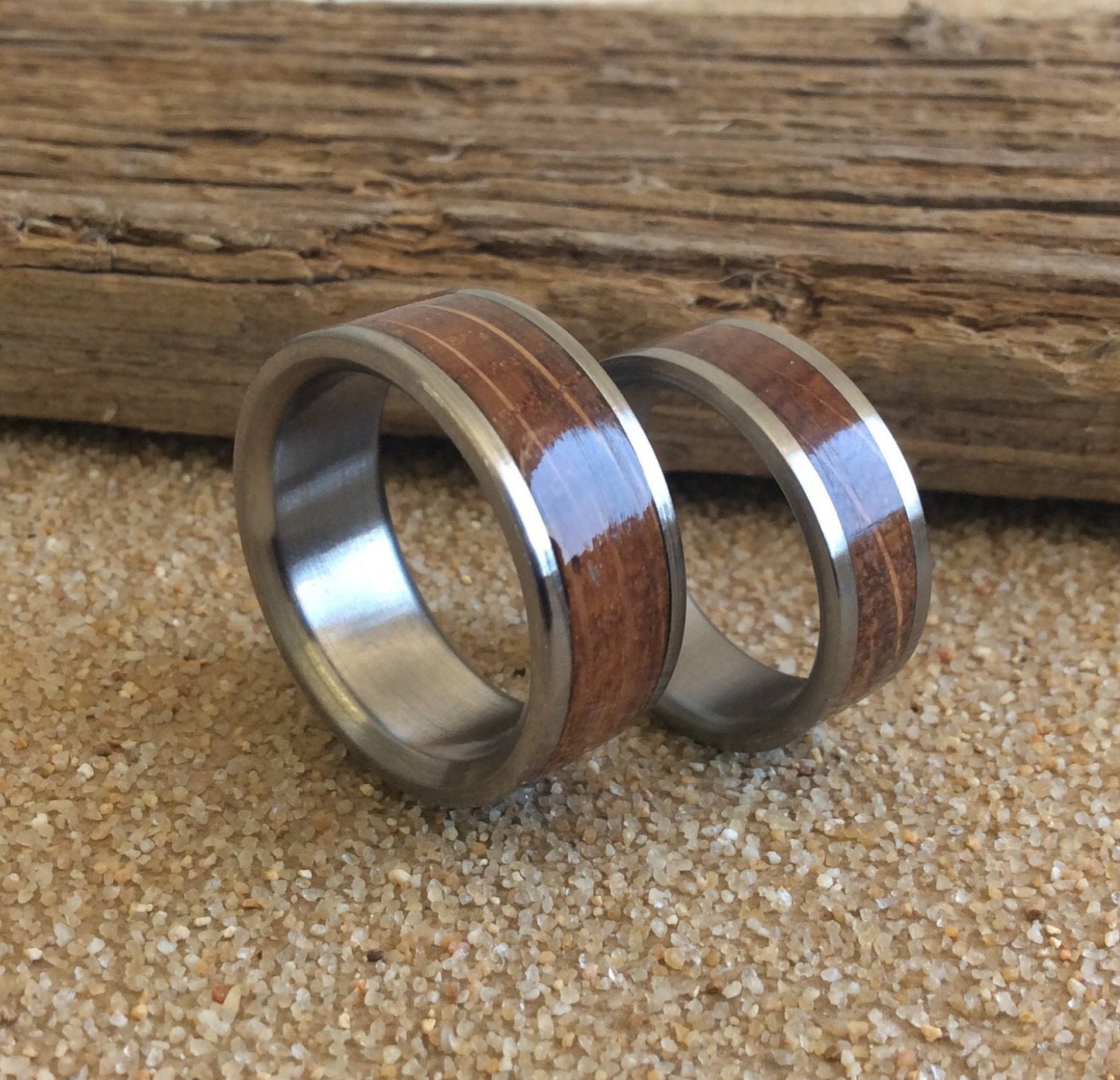 Charred Oak Whiskey Barrel Wedding Bands Set - Matching Couples Wedding Rings Set - Titanium and Wood Wedding Bands