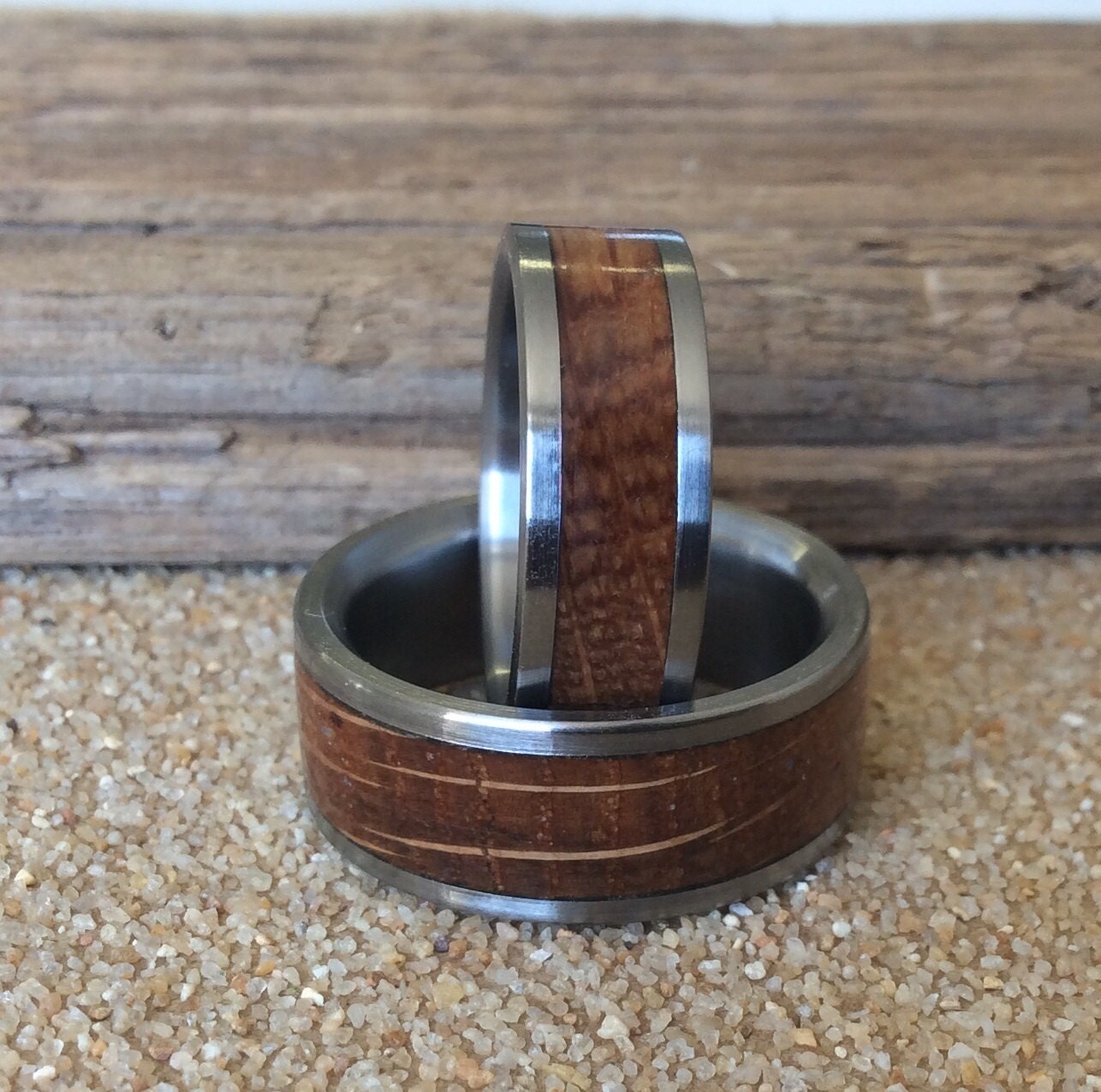 Charred Oak Whiskey Barrel Wedding Bands Set - Matching Couples Wedding Rings Set - Titanium and Wood Wedding Bands