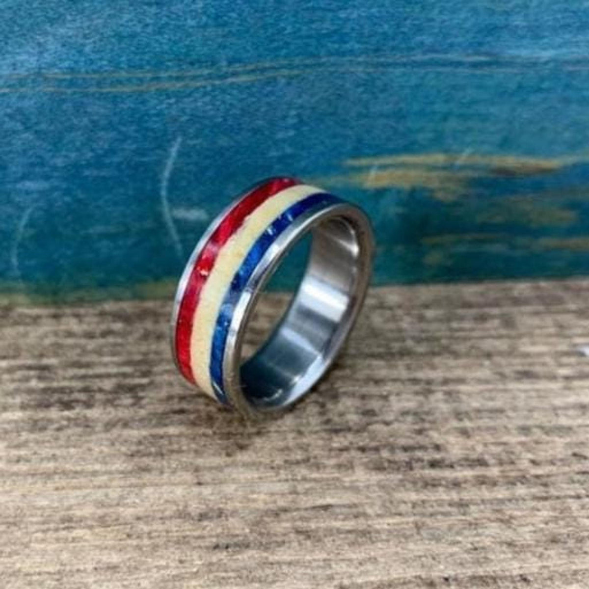 Patriotic Wedding Band for Men - Custom Red, White, and Blue Wood Ring - Engraved __etsy:8256433607