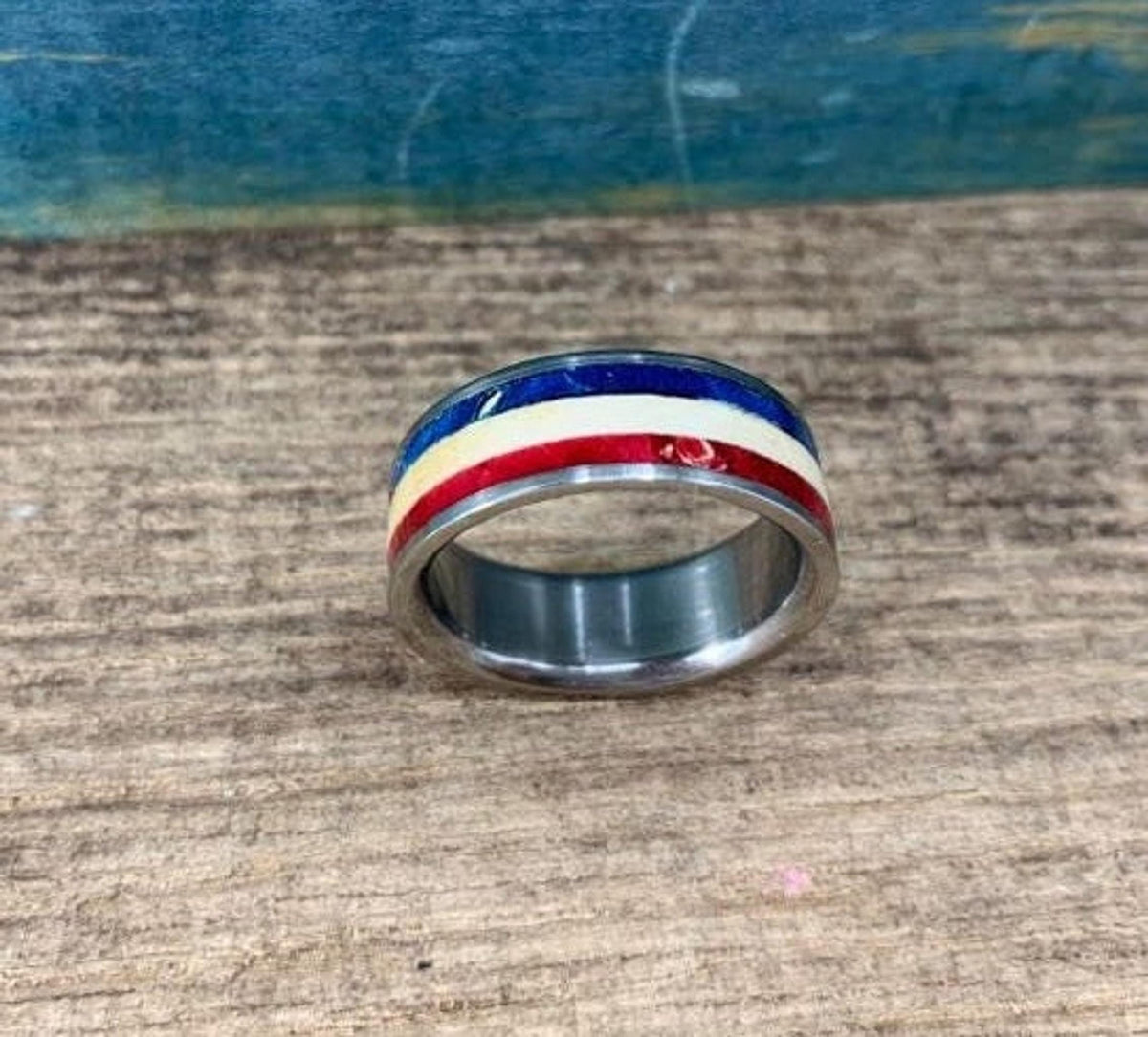 Patriotic Wedding Band for Men - Custom Red, White, and Blue Wood Ring - Engraved __etsy:8256433665