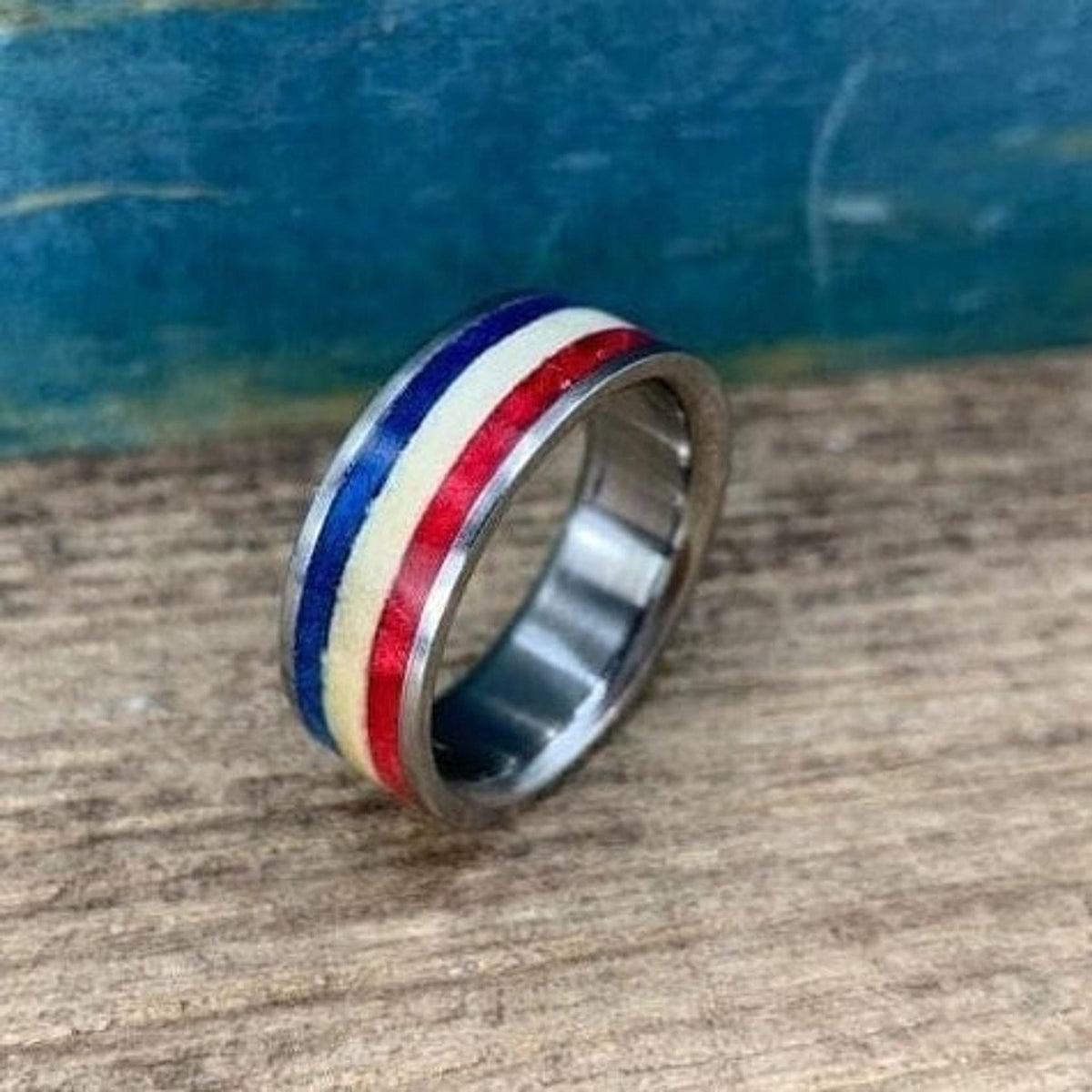 Patriotic Wedding Band for Men - Custom Red, White, and Blue Wood Ring - Engraved __etsy:8256433785