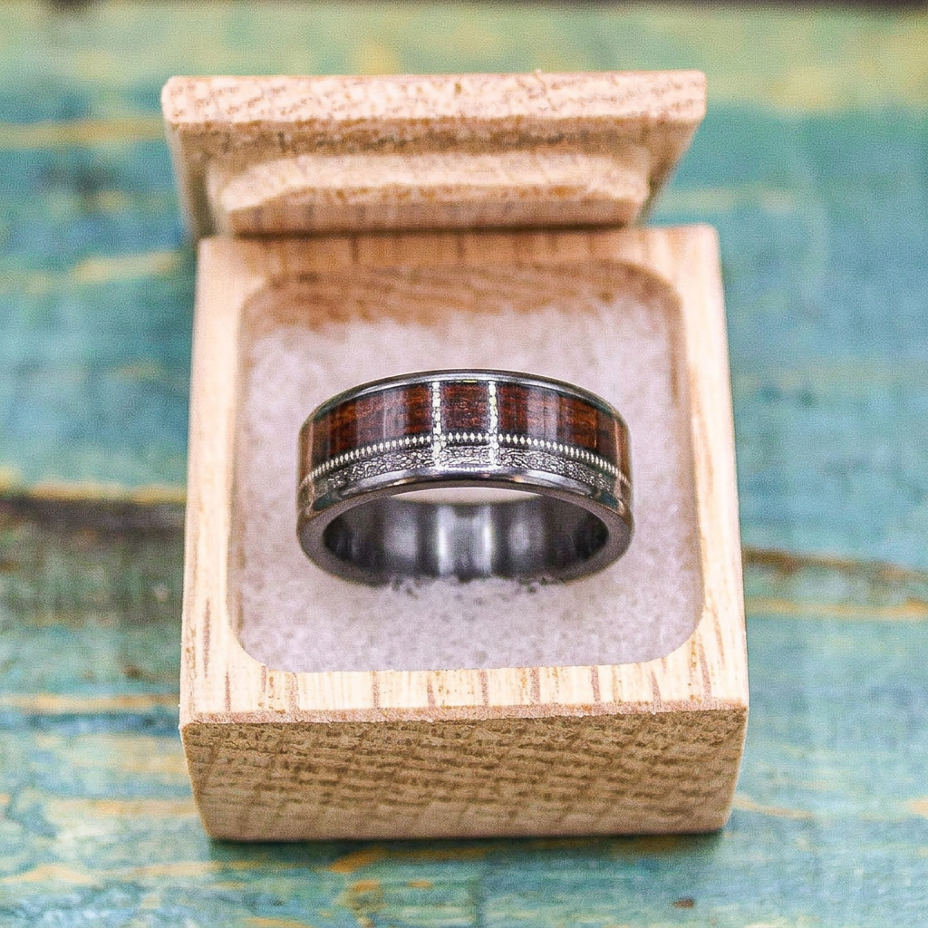 Black titanium wedding band with rosewood, meteorite inlay, and guitar string detail, displayed in a keepsake box.