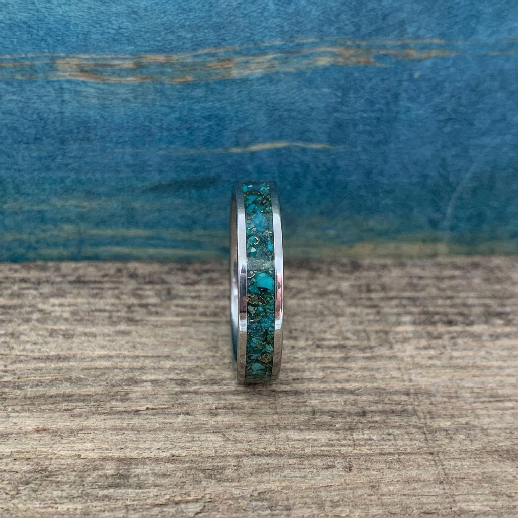 The Hobgoblin titanium ring with chrysocolla, green goldstone and 10k yellow gold inlay
