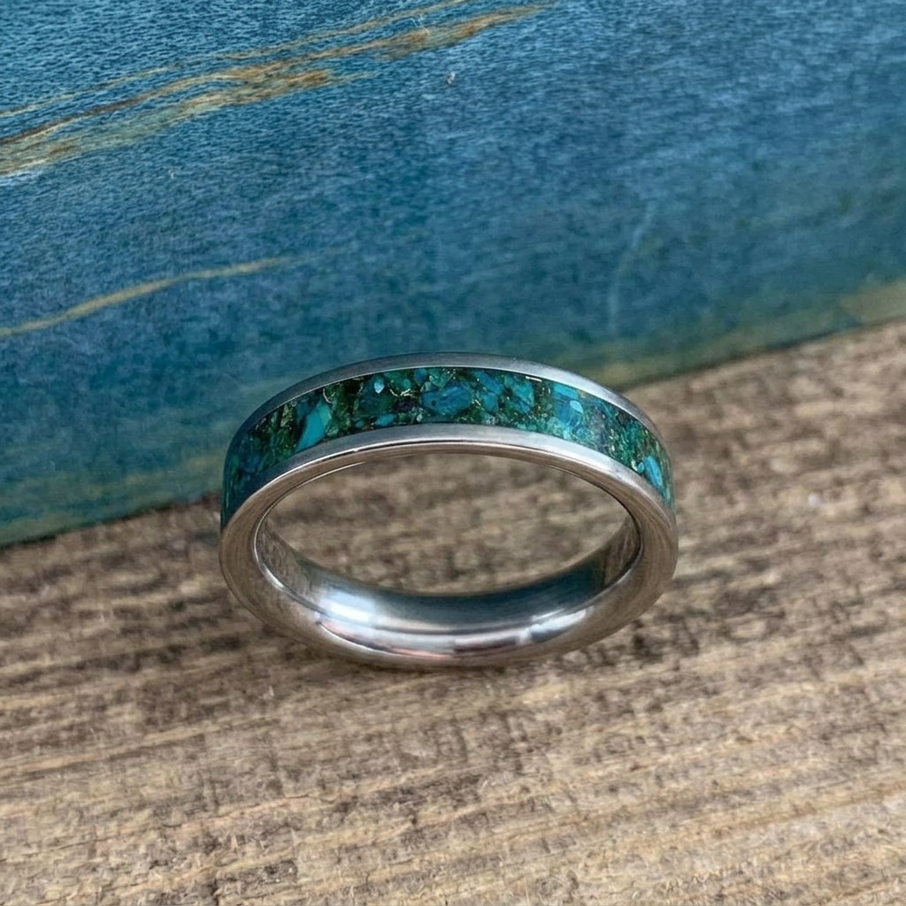 Goblincore titanium wedding band with blue green chrysocolla and sparkling green goldstone