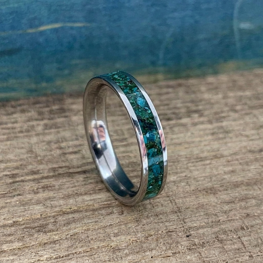 Close-up of chrysocolla, green goldstone and genuine yellow gold inlay in a titanium ring