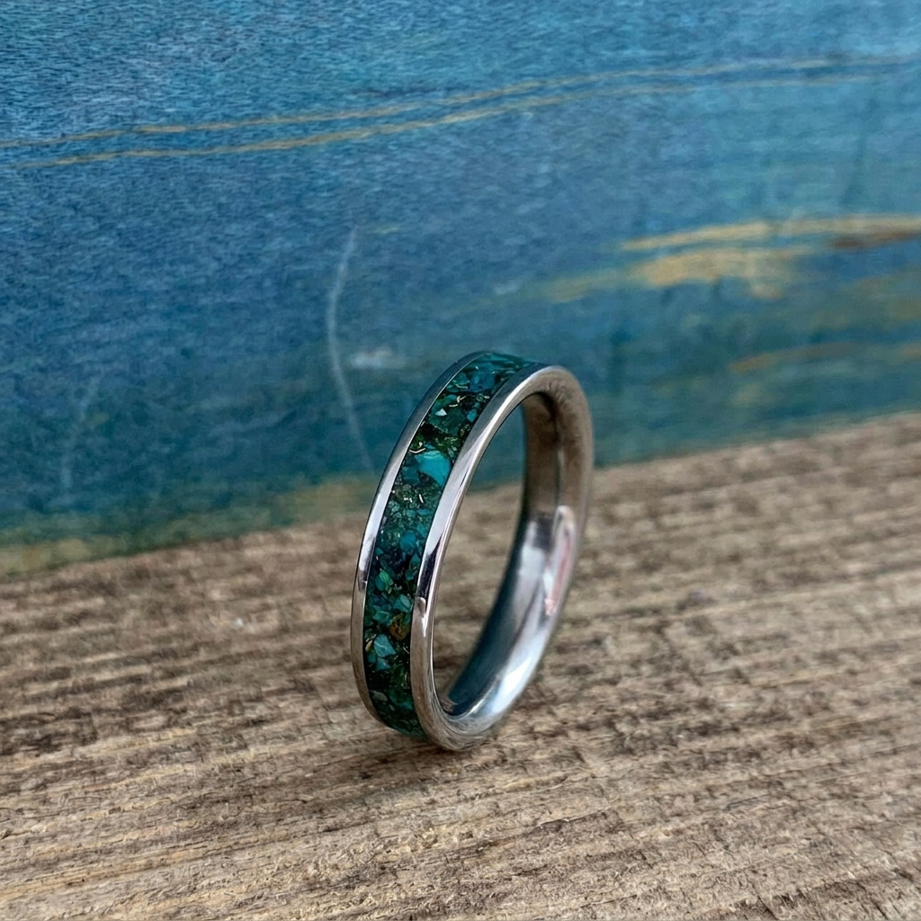 Handmade titanium wedding ring with colorful chrysocolla and green goldstone inlay