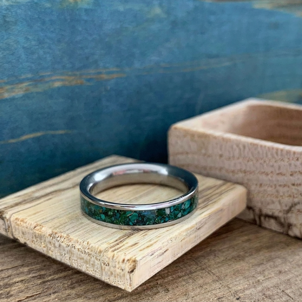 Green and blue goblincore wedding ring handcrafted from lightweight titanium