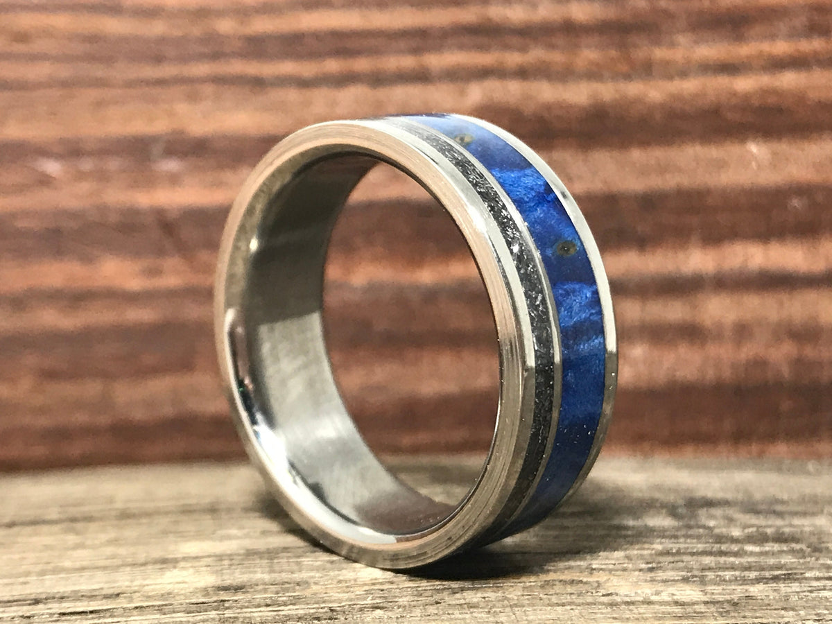 Men's Wedding Band - Titanium Ring with Meteorite and Blue Wood Inlays - Personalizable