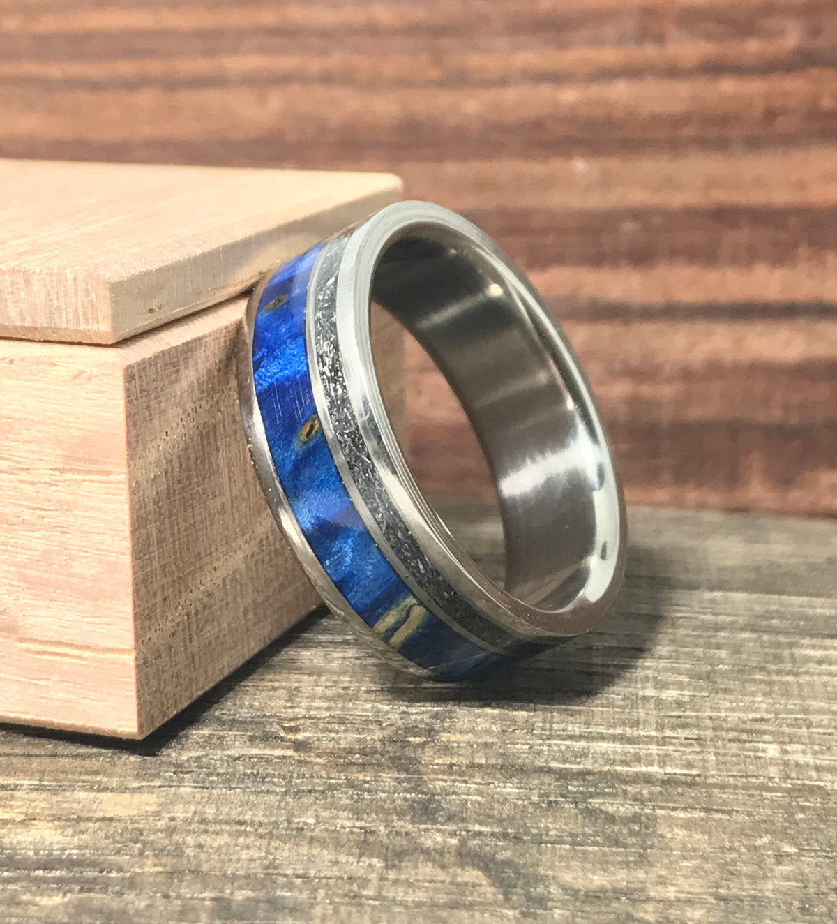 Men's Wedding Band - Titanium Ring with Meteorite and Blue Wood Inlays - Personalizable