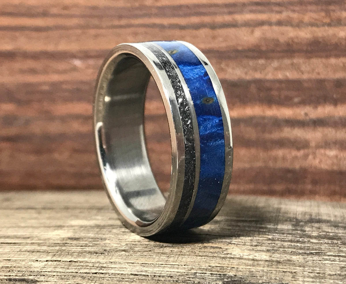 Men's Wedding Band - Titanium Ring with Meteorite and Blue Wood Inlays - Personalizable