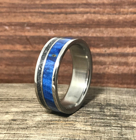 Men's Wedding Band - Titanium Ring with Meteorite and Blue Wood Inlays - Personalizable