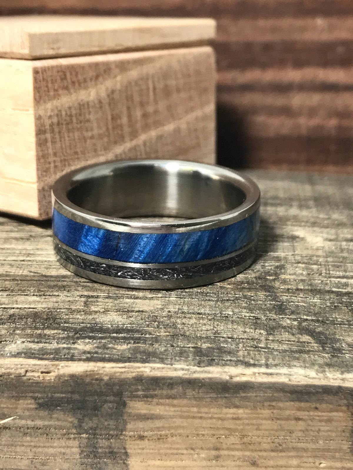 Men's Wedding Band - Titanium Ring with Meteorite and Blue Wood Inlays - Personalizable
