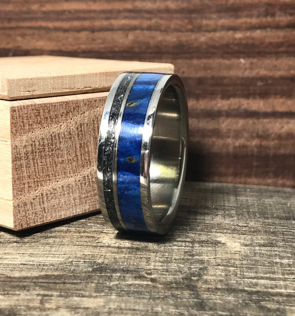 Men's Wedding Band - Titanium Ring with Meteorite and Blue Wood Inlays - Personalizable