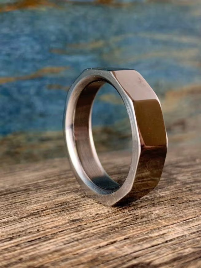 Custom made titanium ring: unique men's titanium ring with ten sides (decagon.)