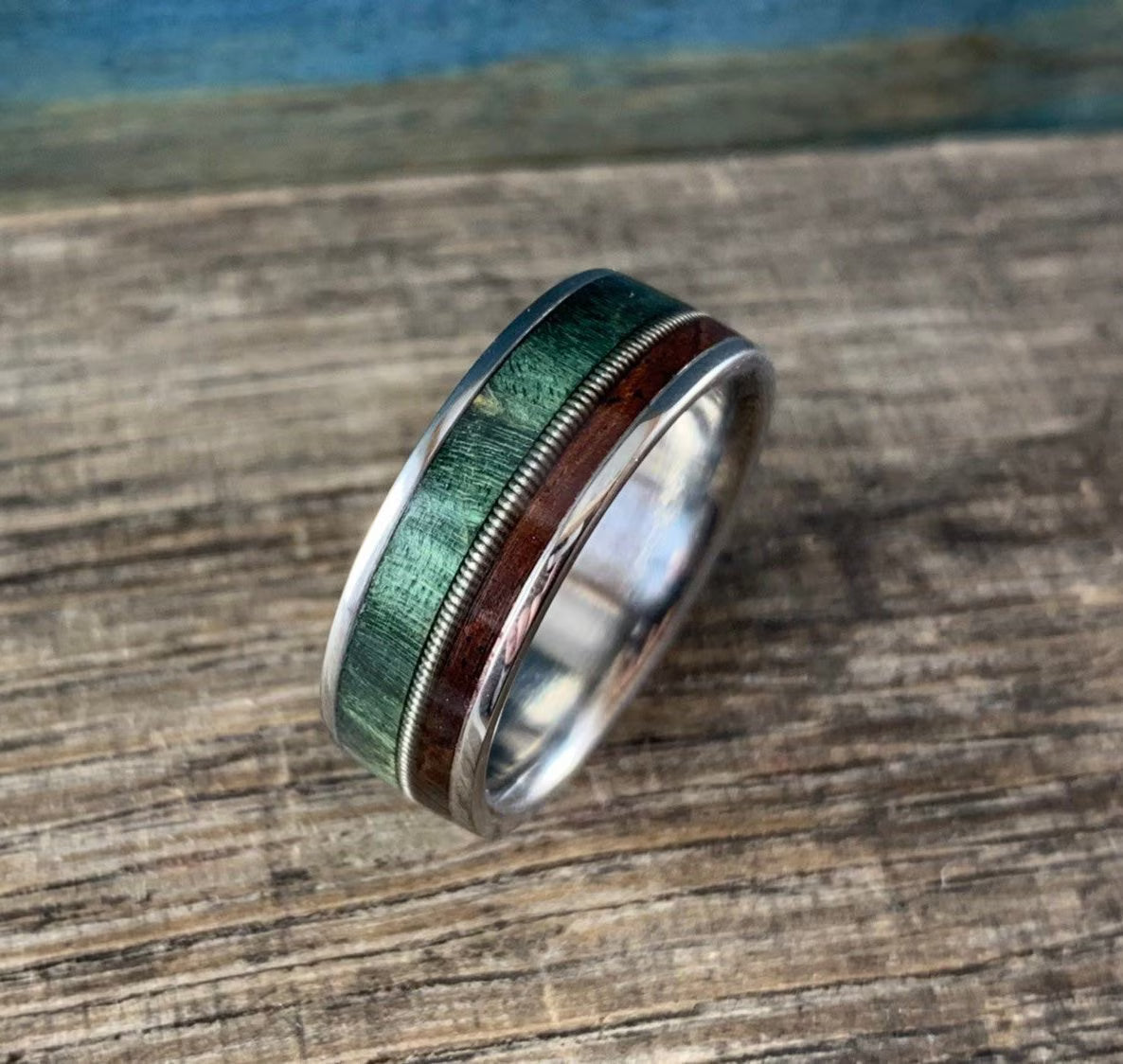 Men's Titanium Wedding Ring with Guitar String and Rosewood