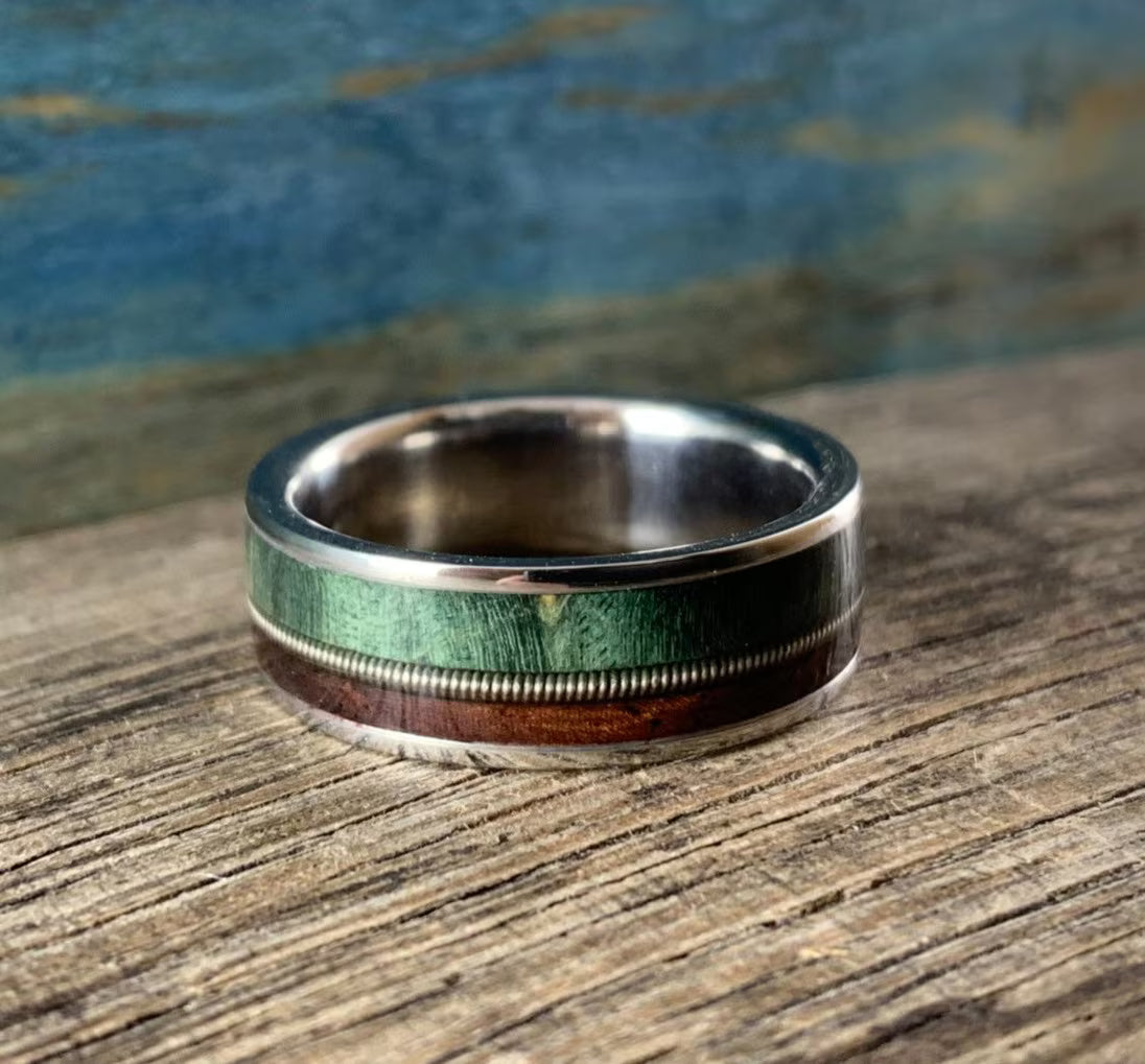 Men's Titanium Wedding Ring with Guitar String and Rosewood