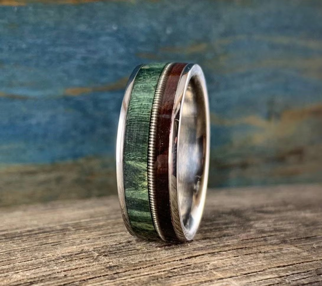 Men's Titanium Wedding Ring with Guitar String and Rosewood