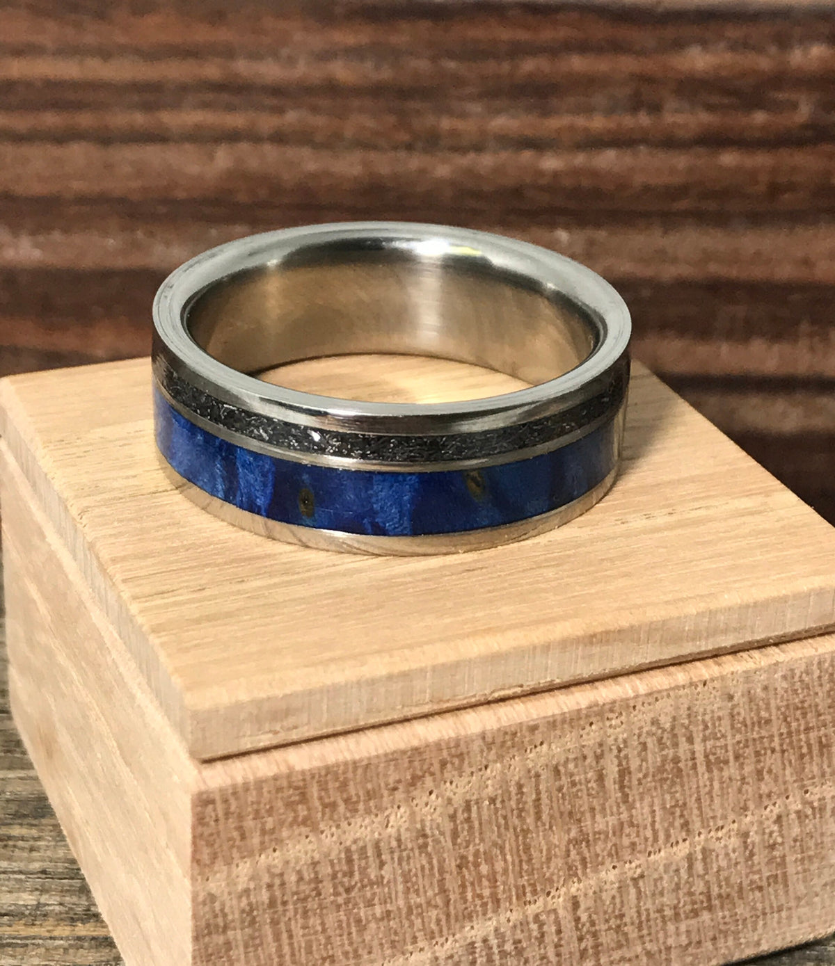 Men's Wedding Band - Titanium Ring with Meteorite and Blue Wood Inlays - Personalizable