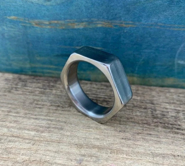 Handcrafted Titanium Hex Nut Ring – Unique Wedding Band