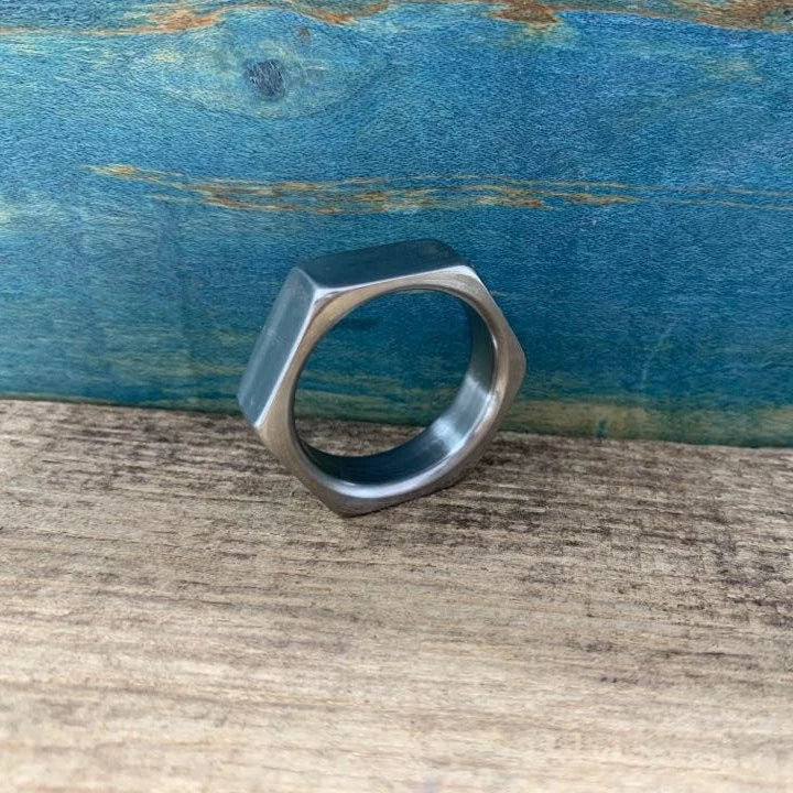 Handcrafted Titanium Hex Nut Ring – Unique Wedding Band