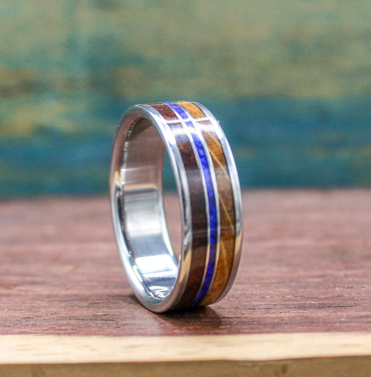 Titanium ring with lapis lazuli, koa wood and whiskey barrel wood. Wood ring. Lapis lazuli ring. Whiskey barrel ring. Koa wood ring. Men's wedding ring.
