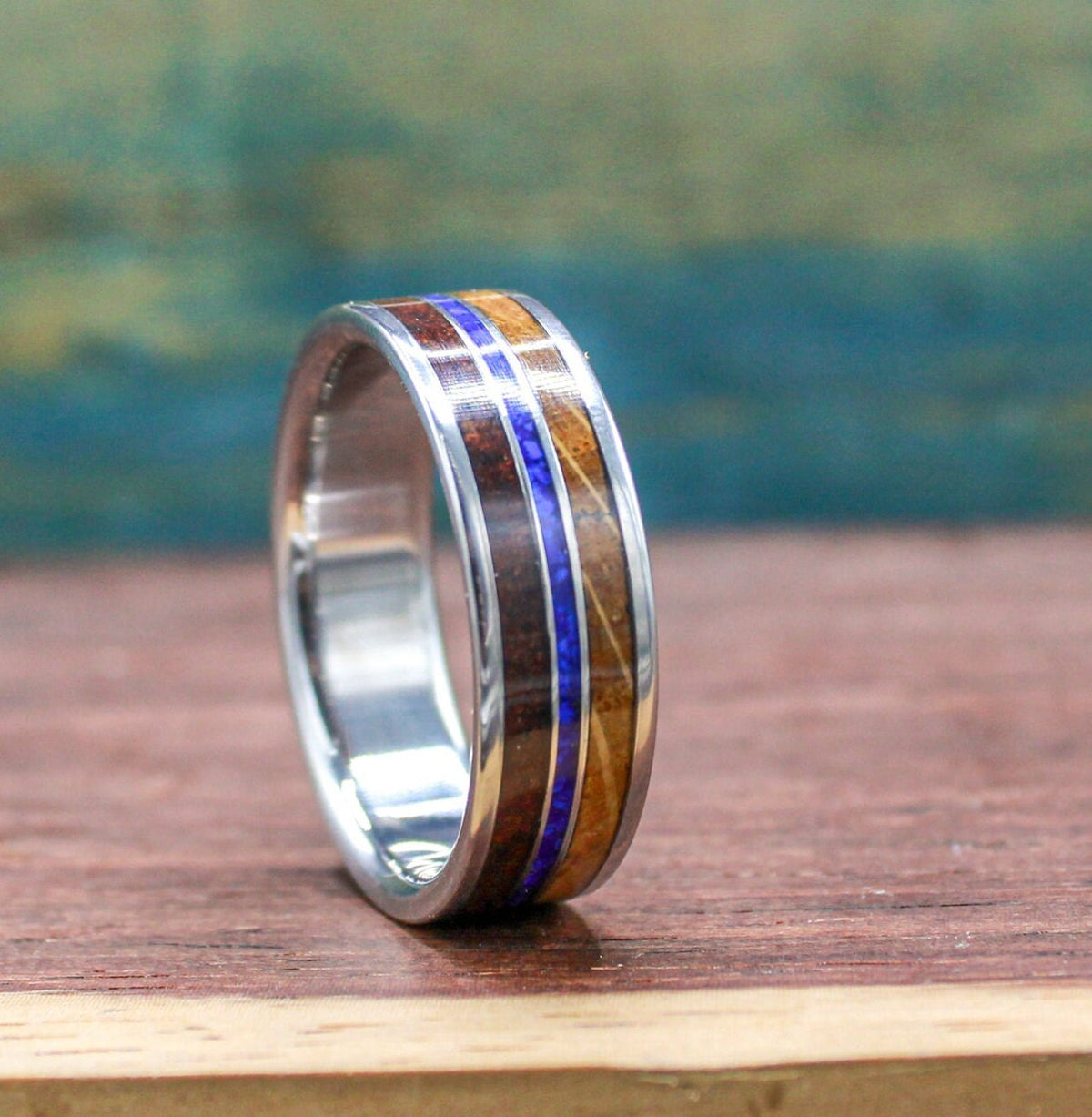 Titanium ring with lapis lazuli, koa wood and whiskey barrel wood. Wood ring. Lapis lazuli ring. Whiskey barrel ring. Koa wood ring. Men's wedding ring.