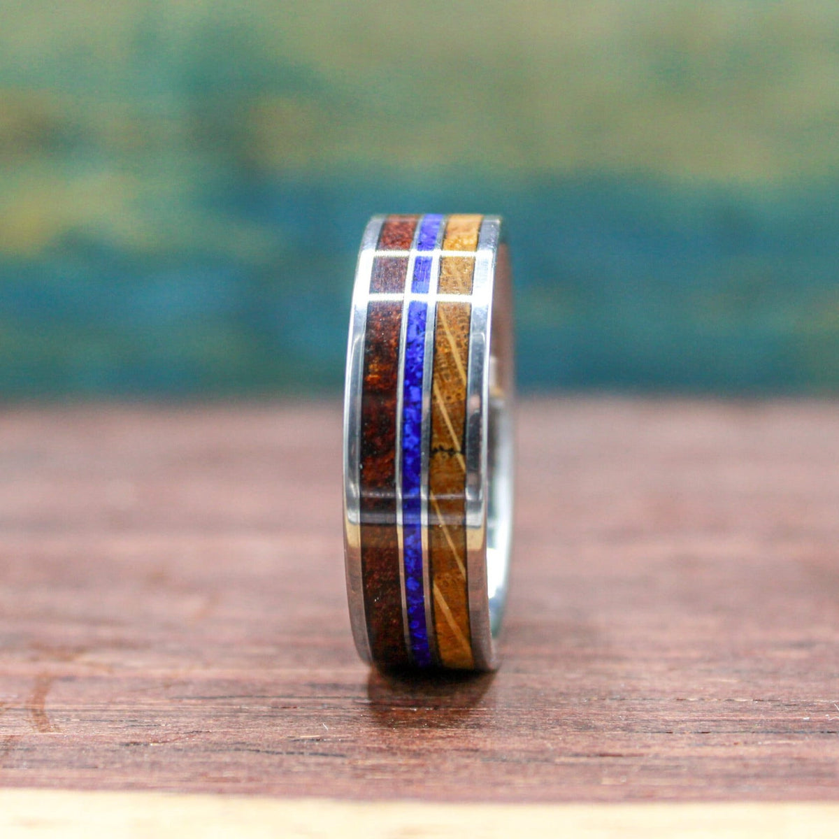 Titanium ring with lapis lazuli, koa wood and whiskey barrel wood. Wood ring. Lapis lazuli ring. Whiskey barrel ring. Koa wood ring. Men's wedding ring.