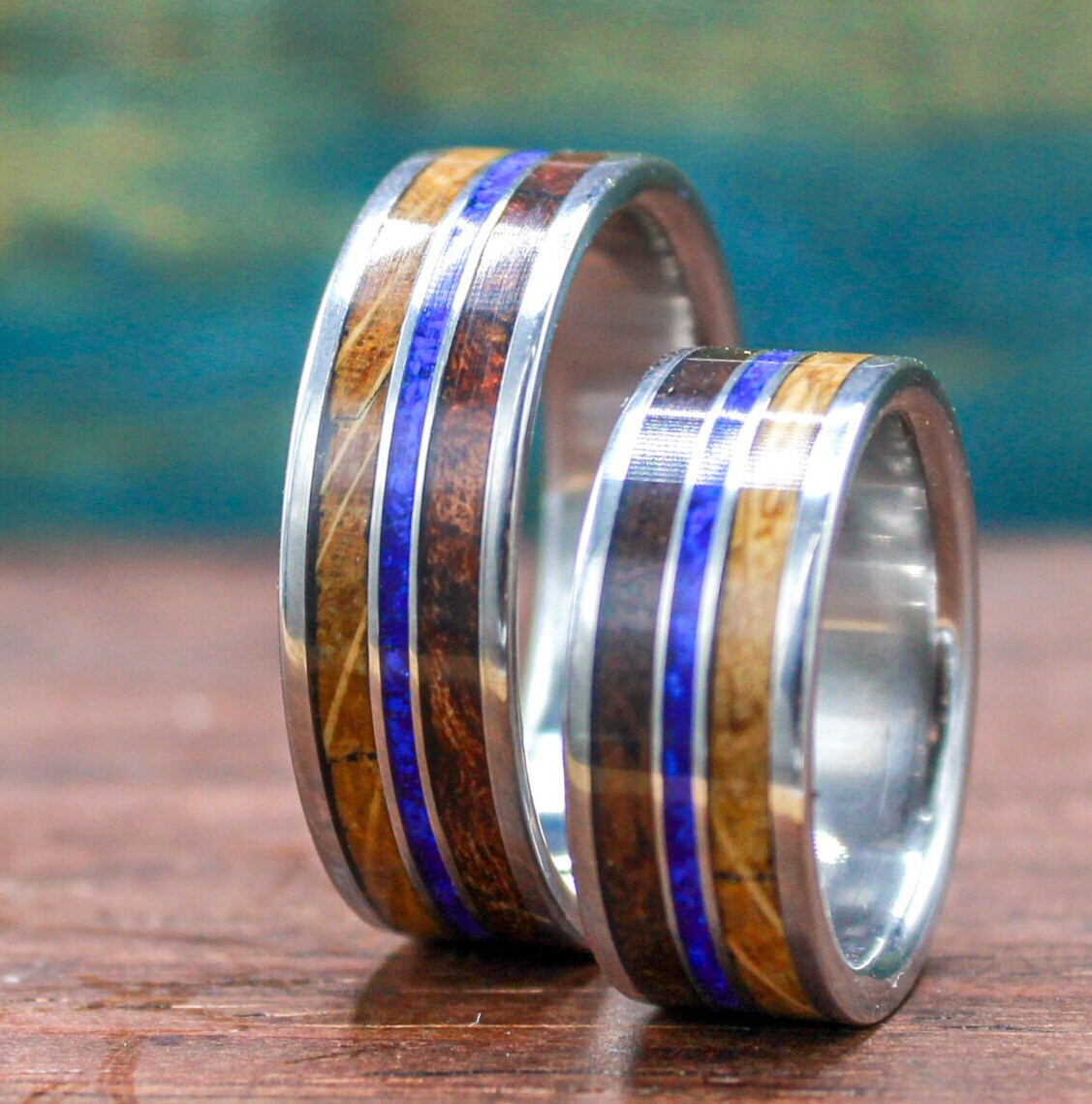 Titanium ring with lapis lazuli, koa wood and whiskey barrel wood. Wood ring. Lapis lazuli ring. Whiskey barrel ring. Koa wood ring. Men's wedding ring.