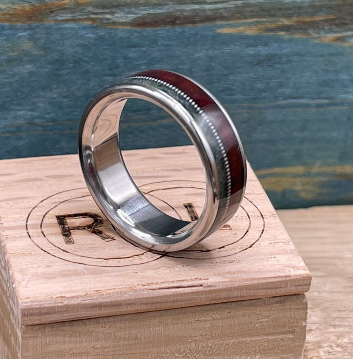 Moss agate ring. Redwood wood ring. Men's ring. Wedding band. Guitar string ring. Titanium ring.