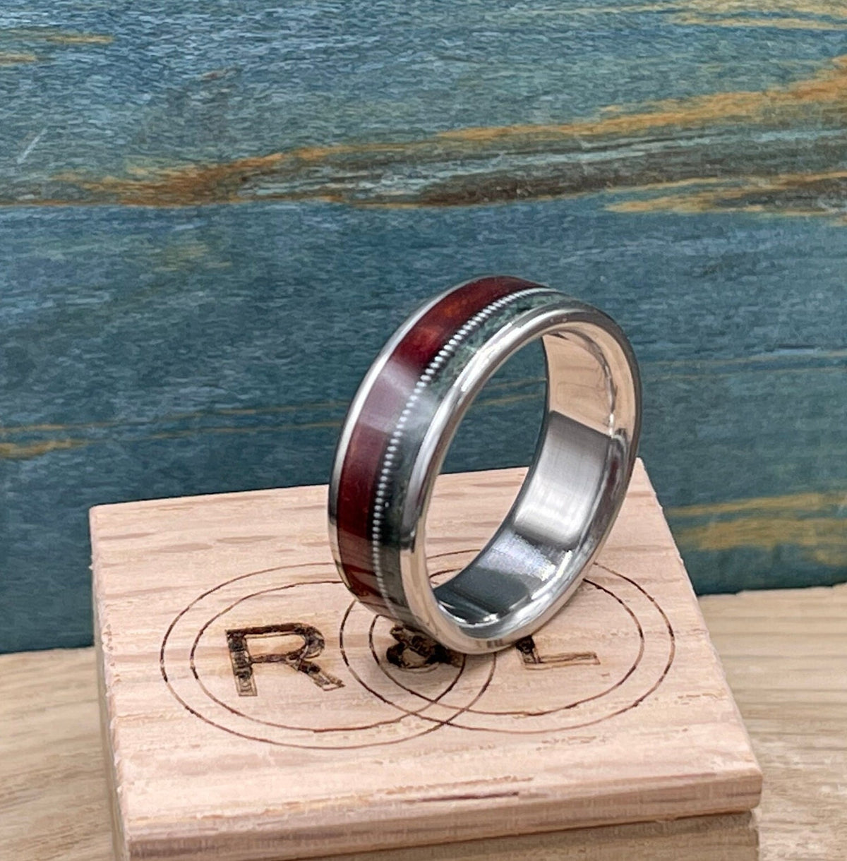 Moss agate ring. Redwood wood ring. Men's ring. Wedding band. Guitar string ring. Titanium ring.