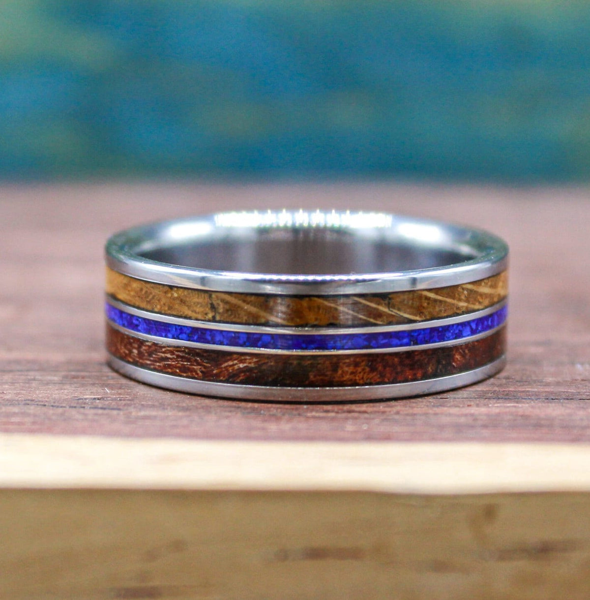 Titanium ring with lapis lazuli, koa wood and whiskey barrel wood. Wood ring. Lapis lazuli ring. Whiskey barrel ring. Koa wood ring. Men's wedding ring.