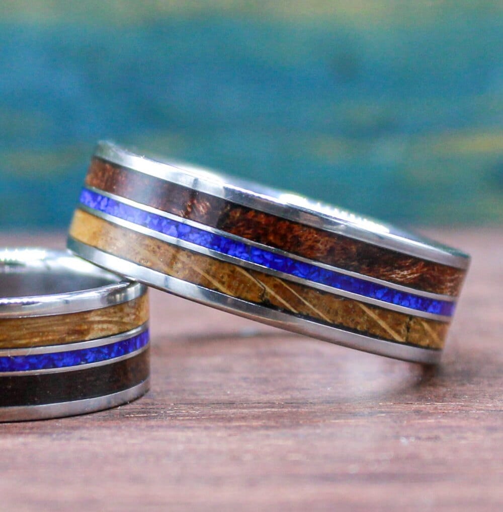 Titanium ring with lapis lazuli, koa wood and whiskey barrel wood. Wood ring. Lapis lazuli ring. Whiskey barrel ring. Koa wood ring. Men's wedding ring.
