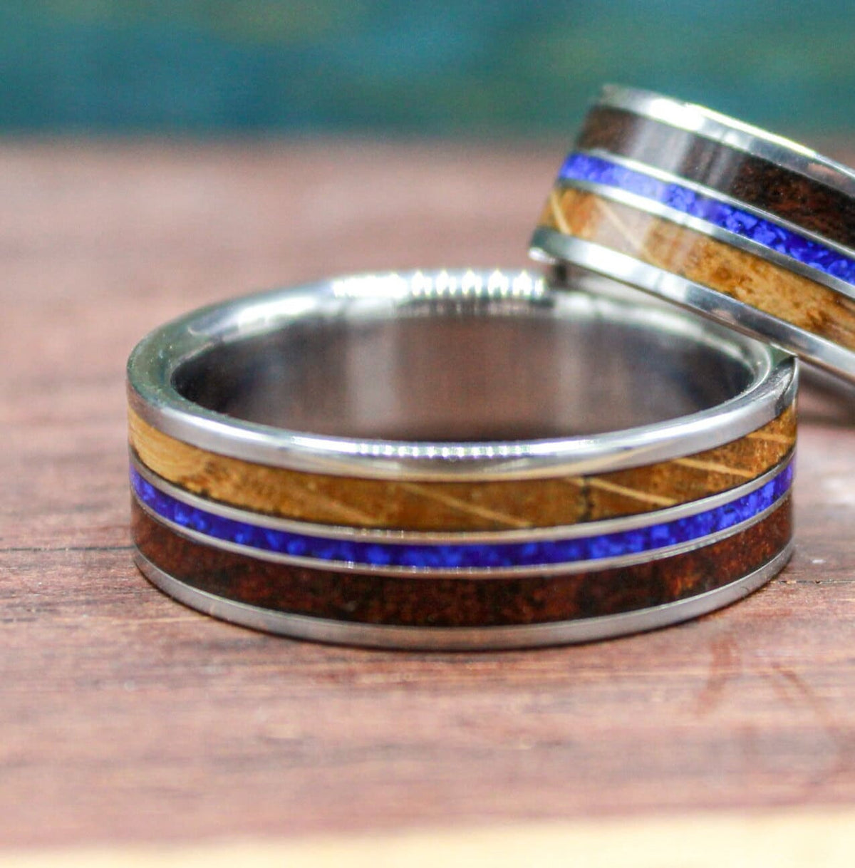 Titanium ring with lapis lazuli, koa wood and whiskey barrel wood. Wood ring. Lapis lazuli ring. Whiskey barrel ring. Koa wood ring. Men's wedding ring.