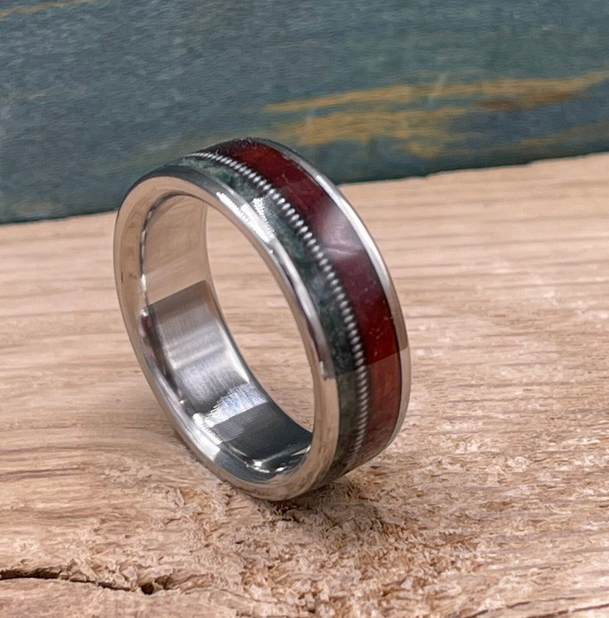 Moss agate ring. Redwood wood ring. Men's ring. Wedding band. Guitar string ring. Titanium ring.