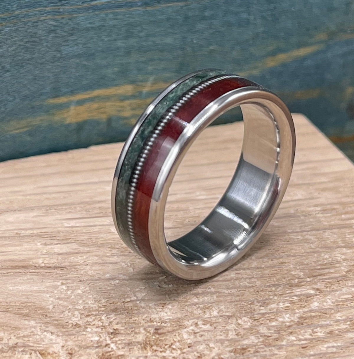 Moss agate ring. Redwood wood ring. Men's ring. Wedding band. Guitar string ring. Titanium ring.