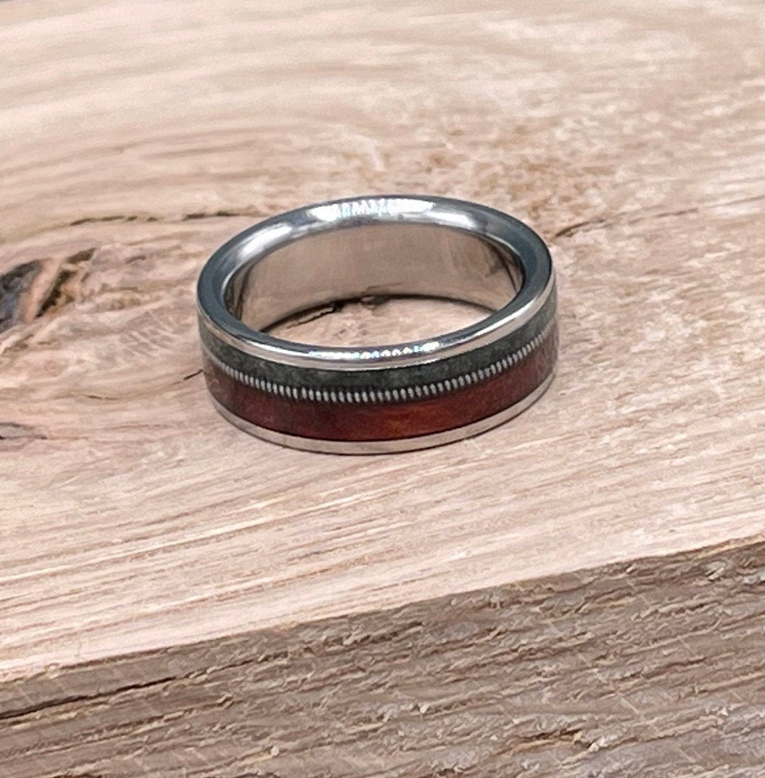 Moss agate ring. Redwood wood ring. Men's ring. Wedding band. Guitar string ring. Titanium ring.