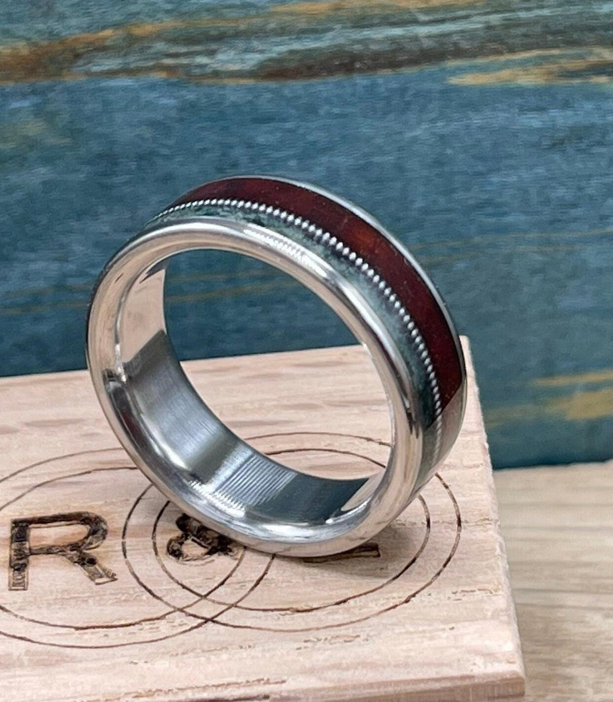 Moss agate ring. Redwood wood ring. Men's ring. Wedding band. Guitar string ring. Titanium ring.