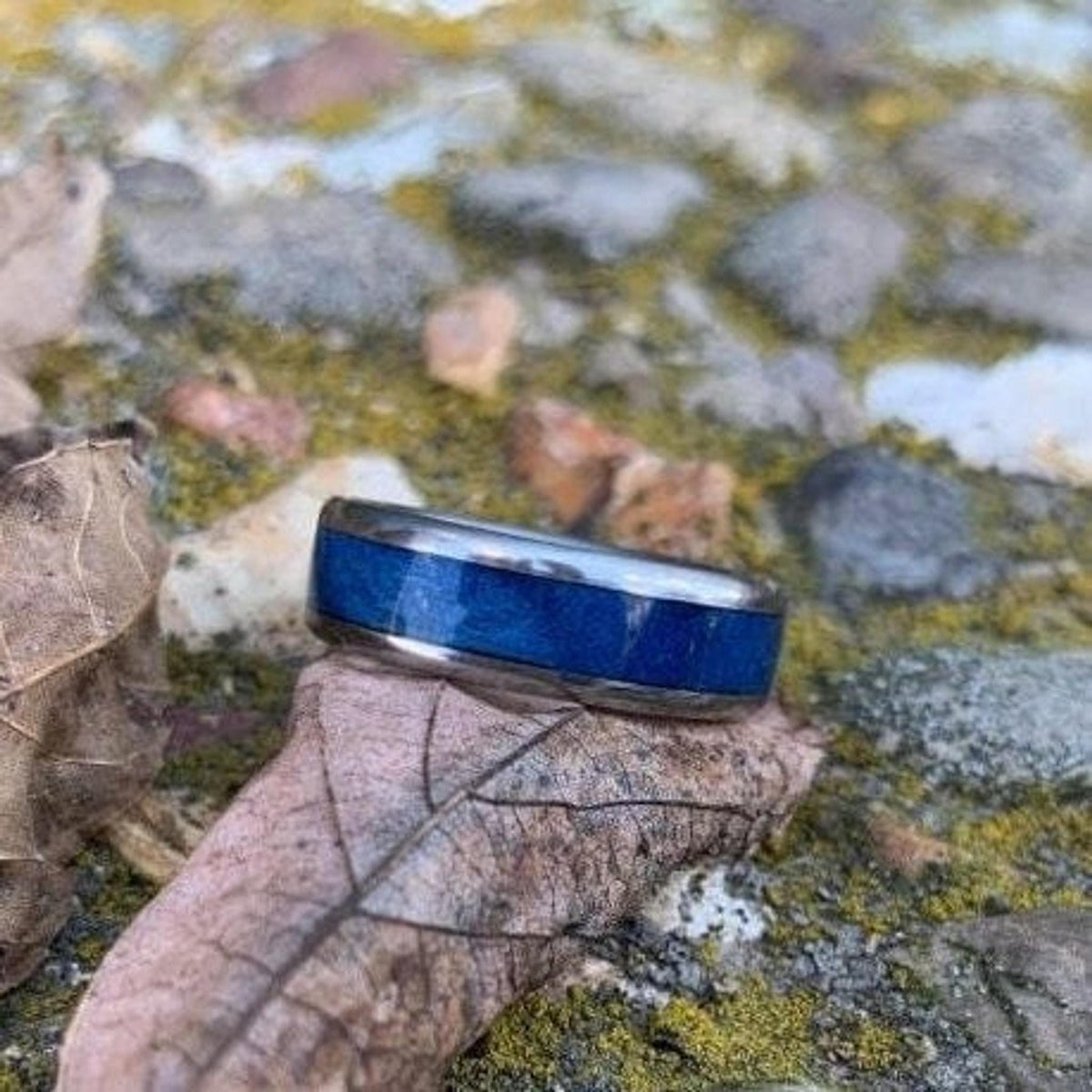 Titanium Ring with Blue Wood Inlay, Women's Wedding Band Made to Order