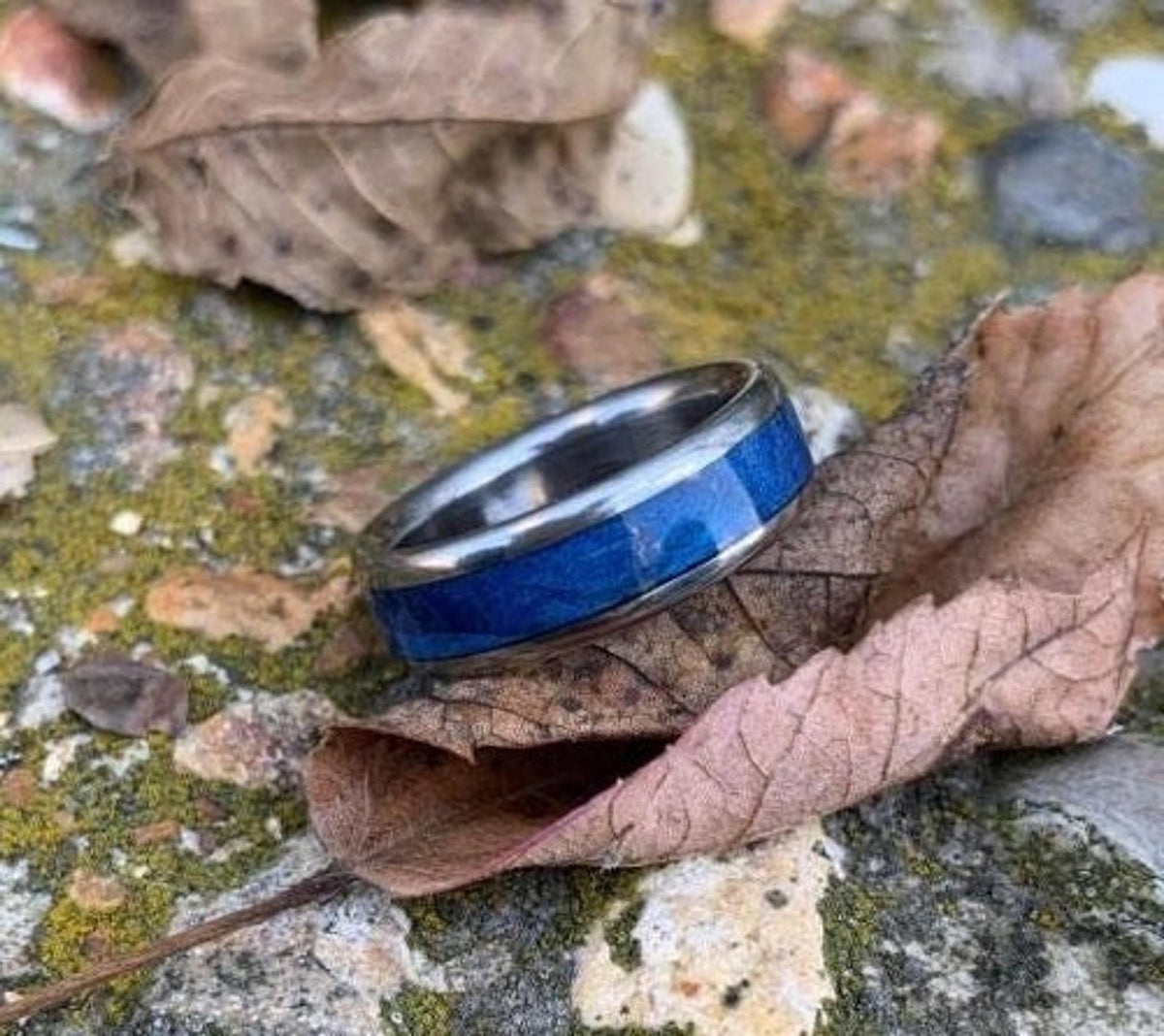 Titanium Ring with Blue Wood Inlay, Women's Wedding Band Made to Order