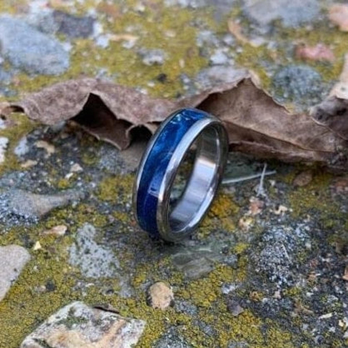 Titanium Ring with Blue Wood Inlay, Women's Wedding Band Made to Order