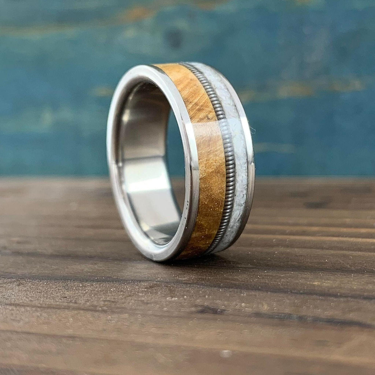 Mens Wedding Band with Buckeye Burl Wood and Pearl Inlay - Titanium Ring Guitar String