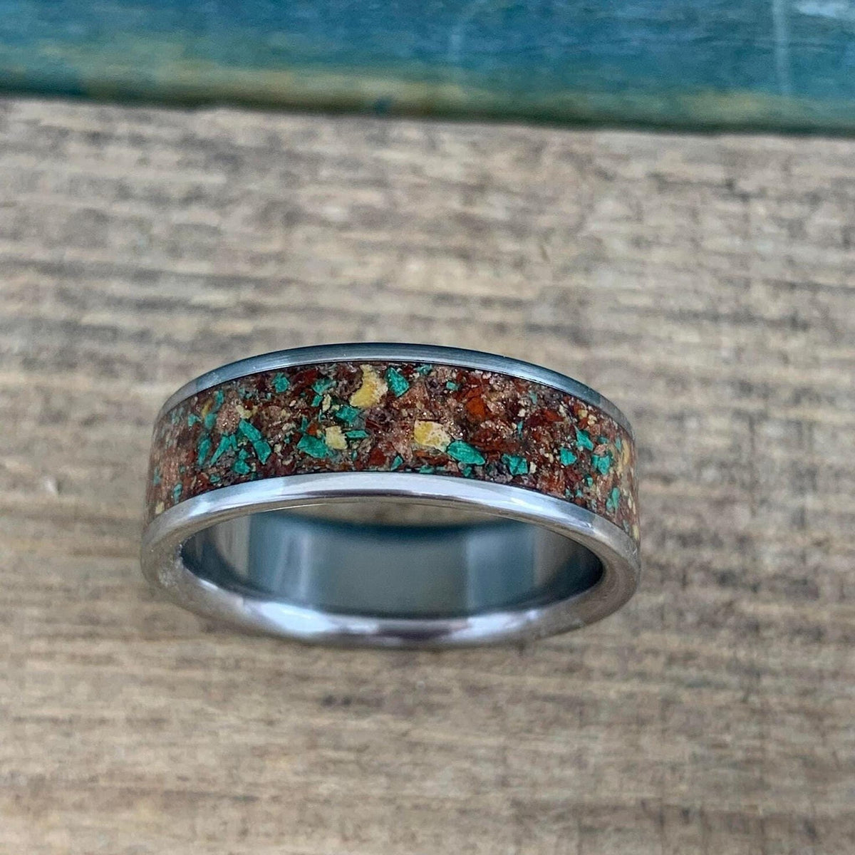 Fall Wedding Ring - Titanium Band with Red Goldstone and Yellow Jasper Inlay