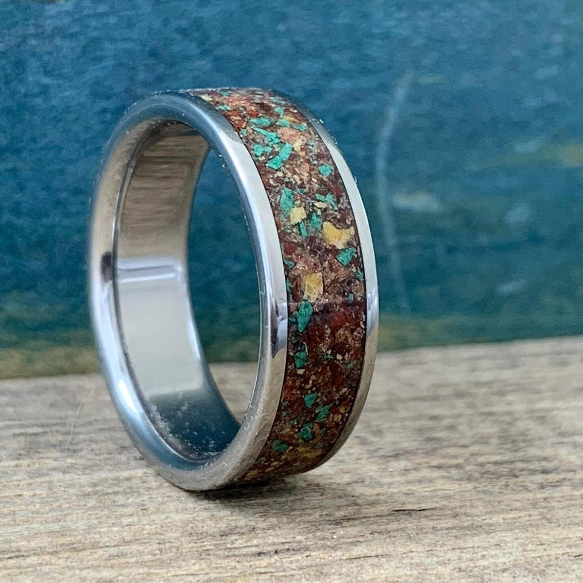Fall Wedding Ring - Titanium Band with Red Goldstone and Yellow Jasper Inlay