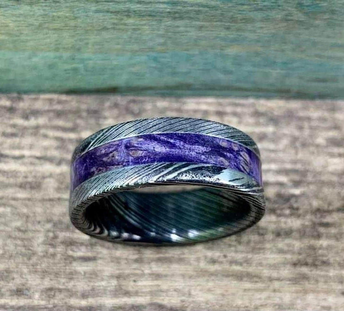 Purple Wedding Band, Stainless Steel Damascus Ring with Box Elder Inlay