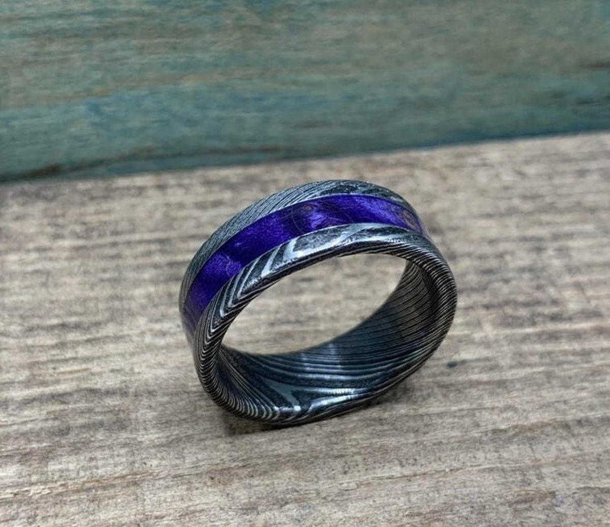 Purple Wedding Band, Stainless Steel Damascus Ring with Box Elder Inlay